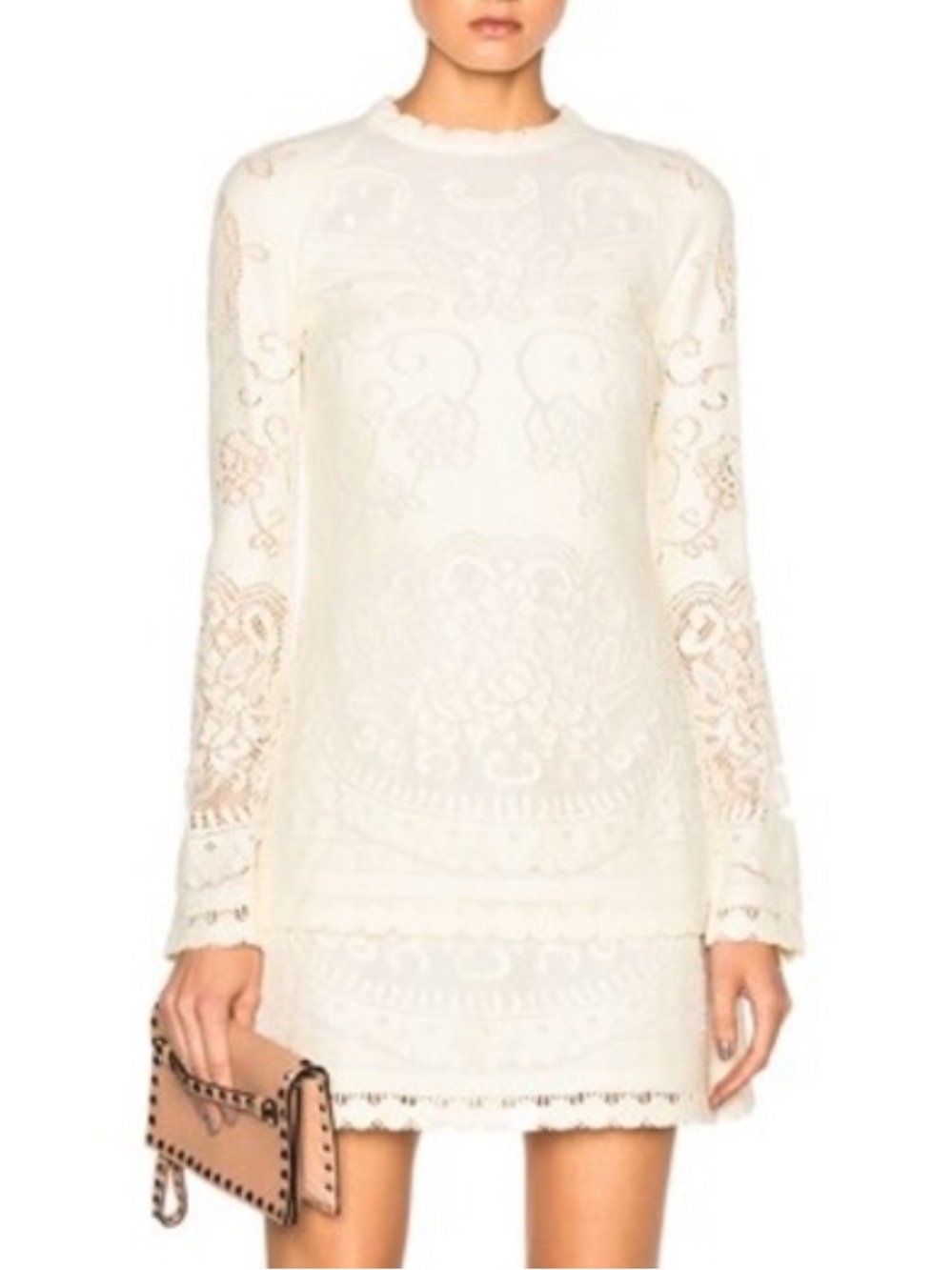 See By Chloé Ivory Crochet Long-Sleeve Mini Dress